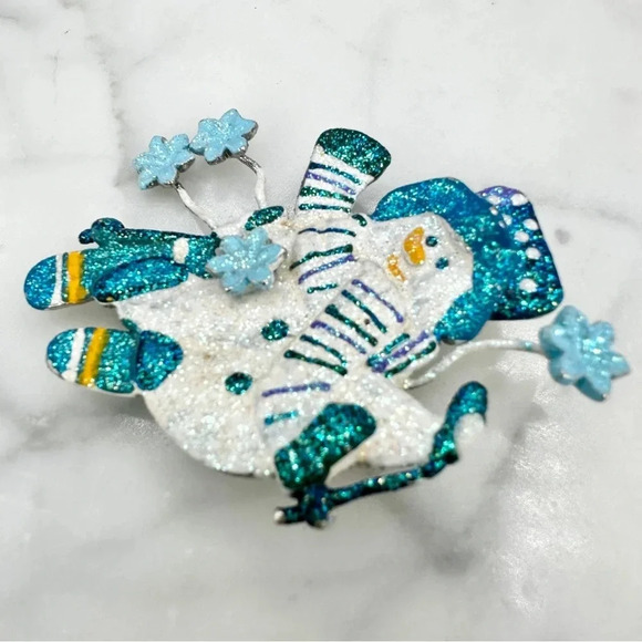 Vintage Snowman Brooch Pin Christmas Frosty Glitter Blue White Winter Ho… - Picture 5 of 9